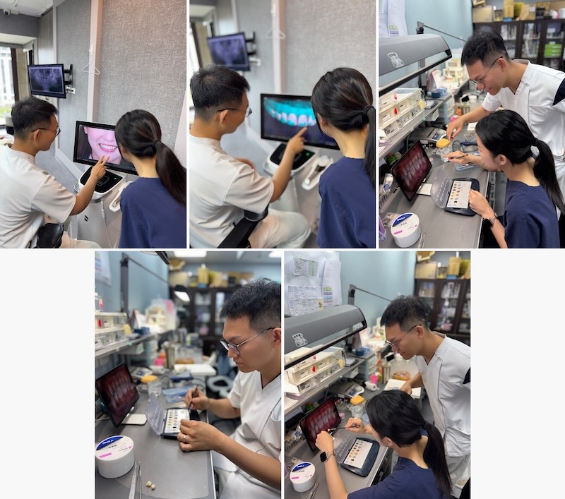 許家榕醫師與悅庭牙醫專業牙體技術師在電腦前共同討論牙齒貼片設計，並進行細緻的上釉與色彩微調作業，展現醫師與技師密切合作的製作流程